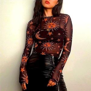 Black & orange sun & moon mesh top